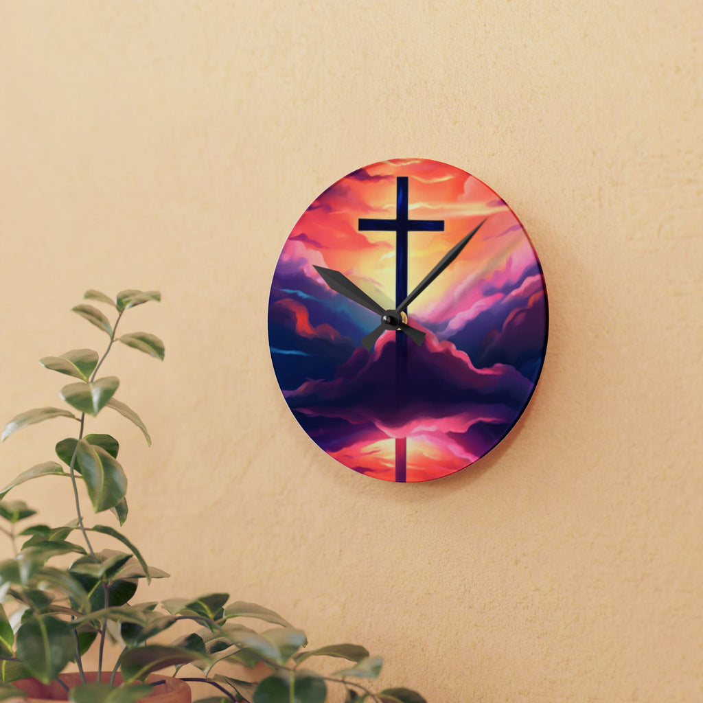Sunset Cross Acrylic Wall Clock – Christian Inspirational Home Decor