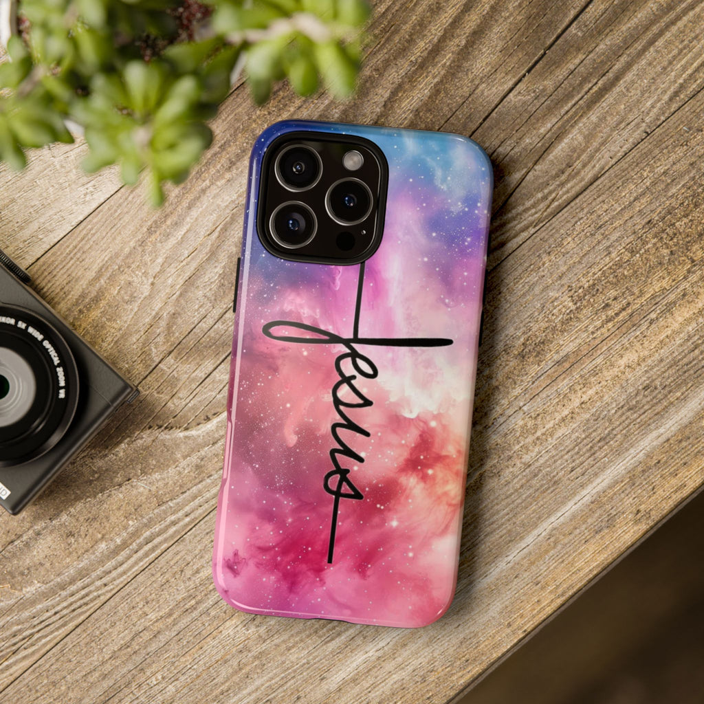 Jesus Cross Phone Case — Galaxy Pink Gradient Christian iPhone Cover