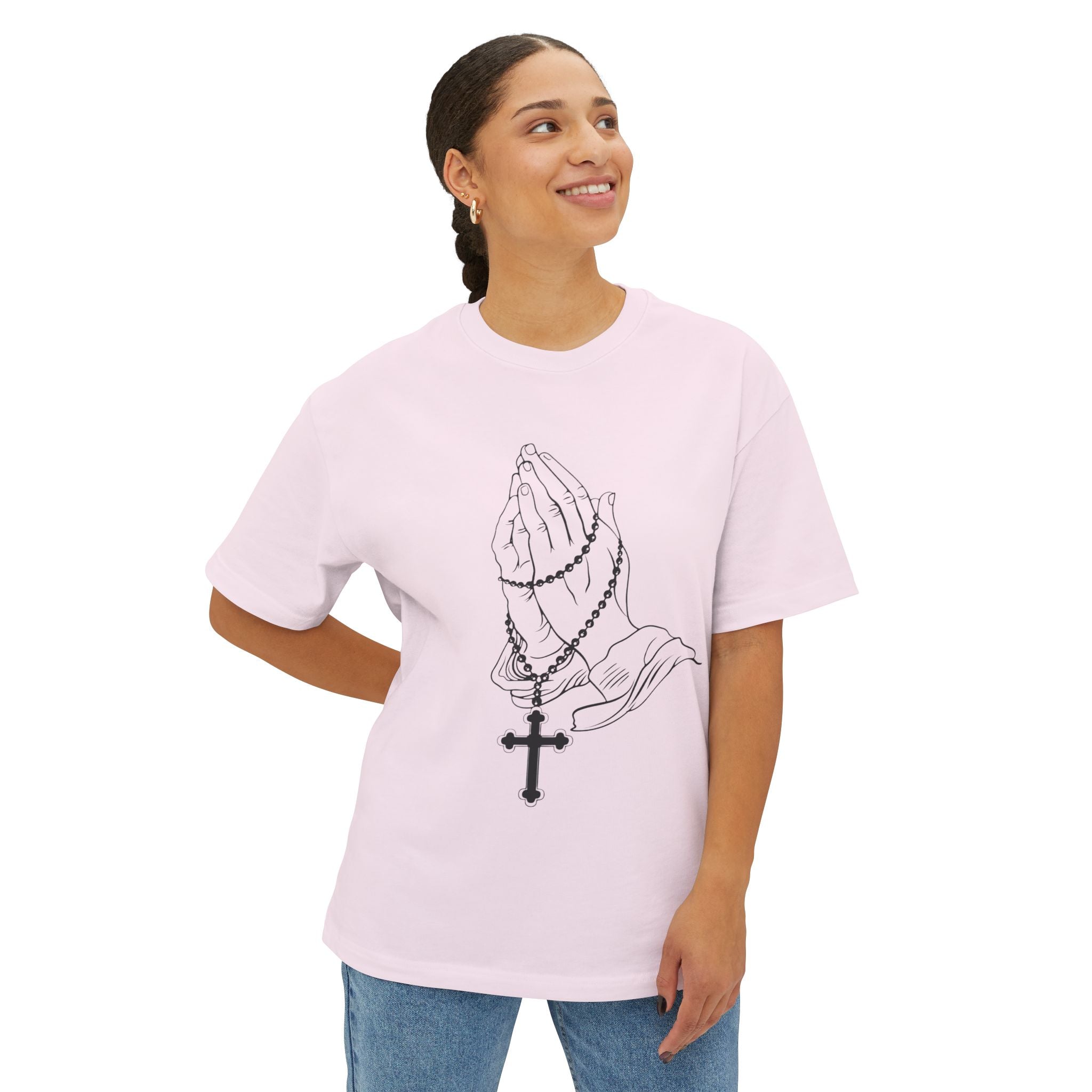 Praying Hands Rosary T‑Shirt — Oversized Boxy Tee
