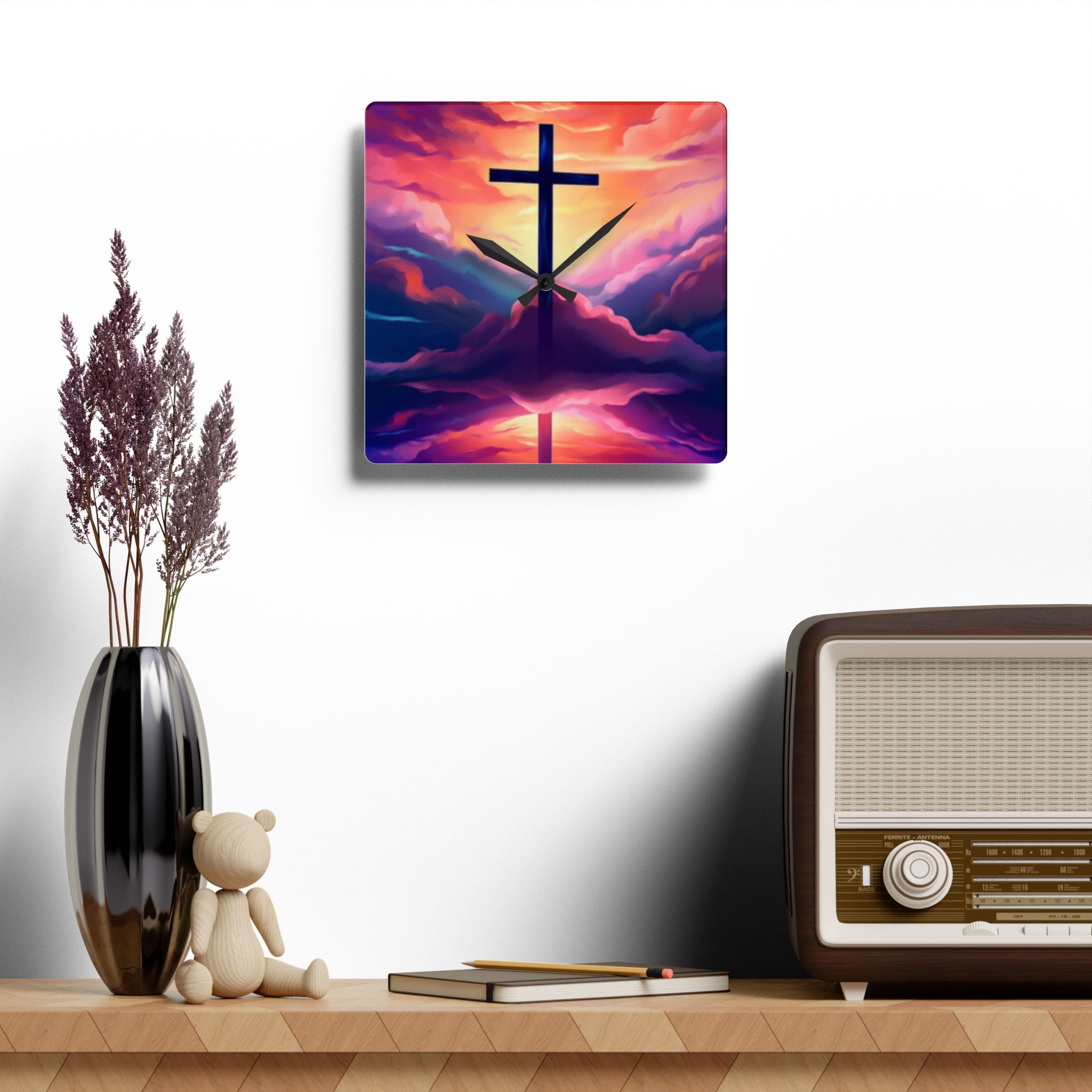Sunset Cross Acrylic Wall Clock – Christian Inspirational Home Decor