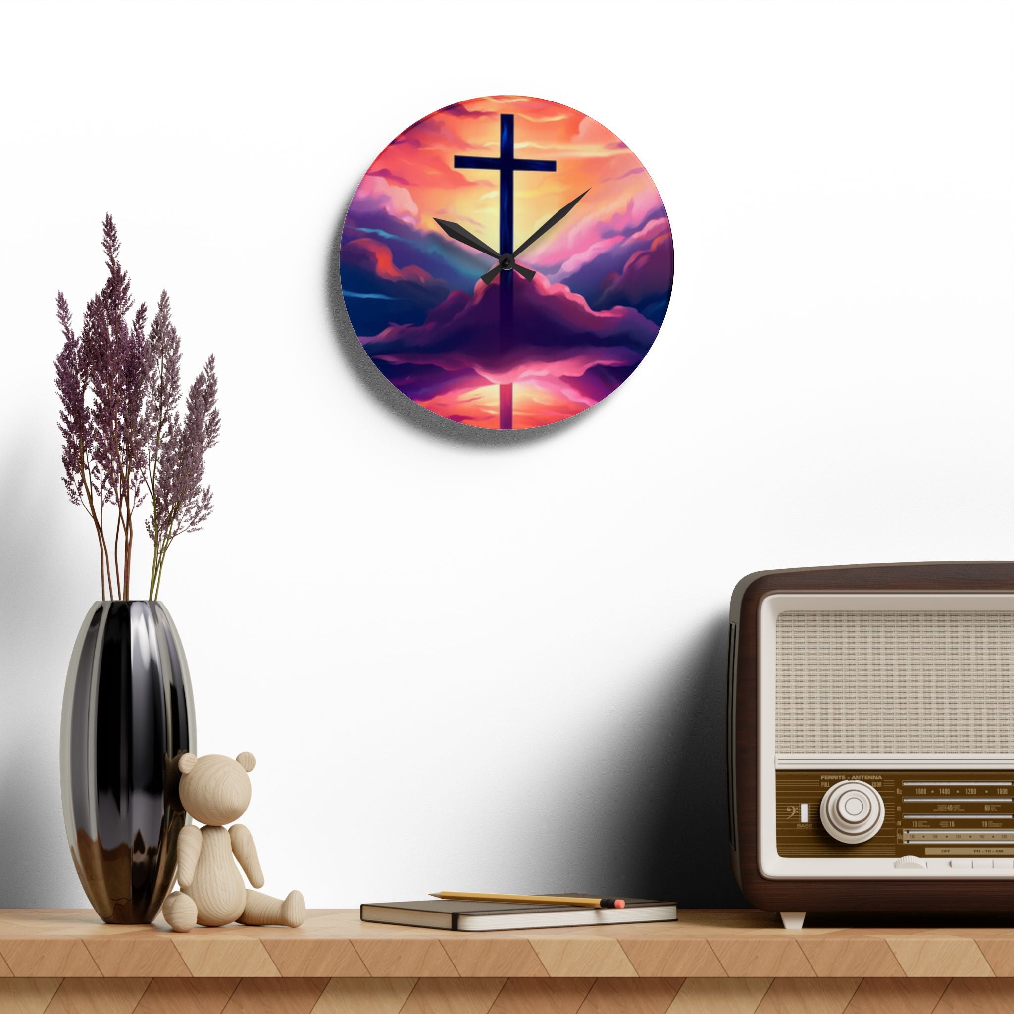 Sunset Cross Acrylic Wall Clock – Christian Inspirational Home Decor