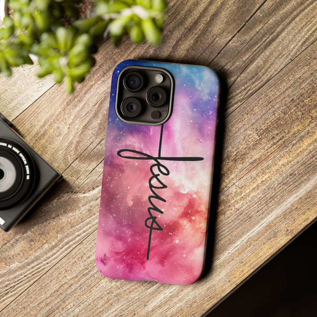 Jesus Cross Phone Case — Galaxy Pink Gradient Christian iPhone Cover
