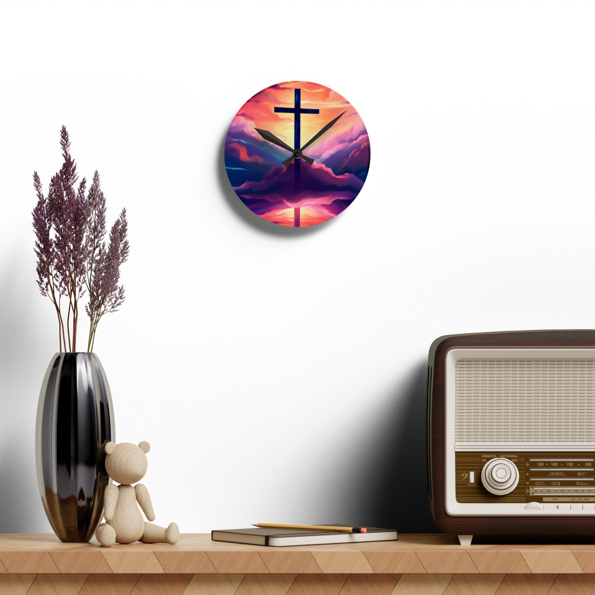 Sunset Cross Acrylic Wall Clock – Christian Inspirational Home Decor