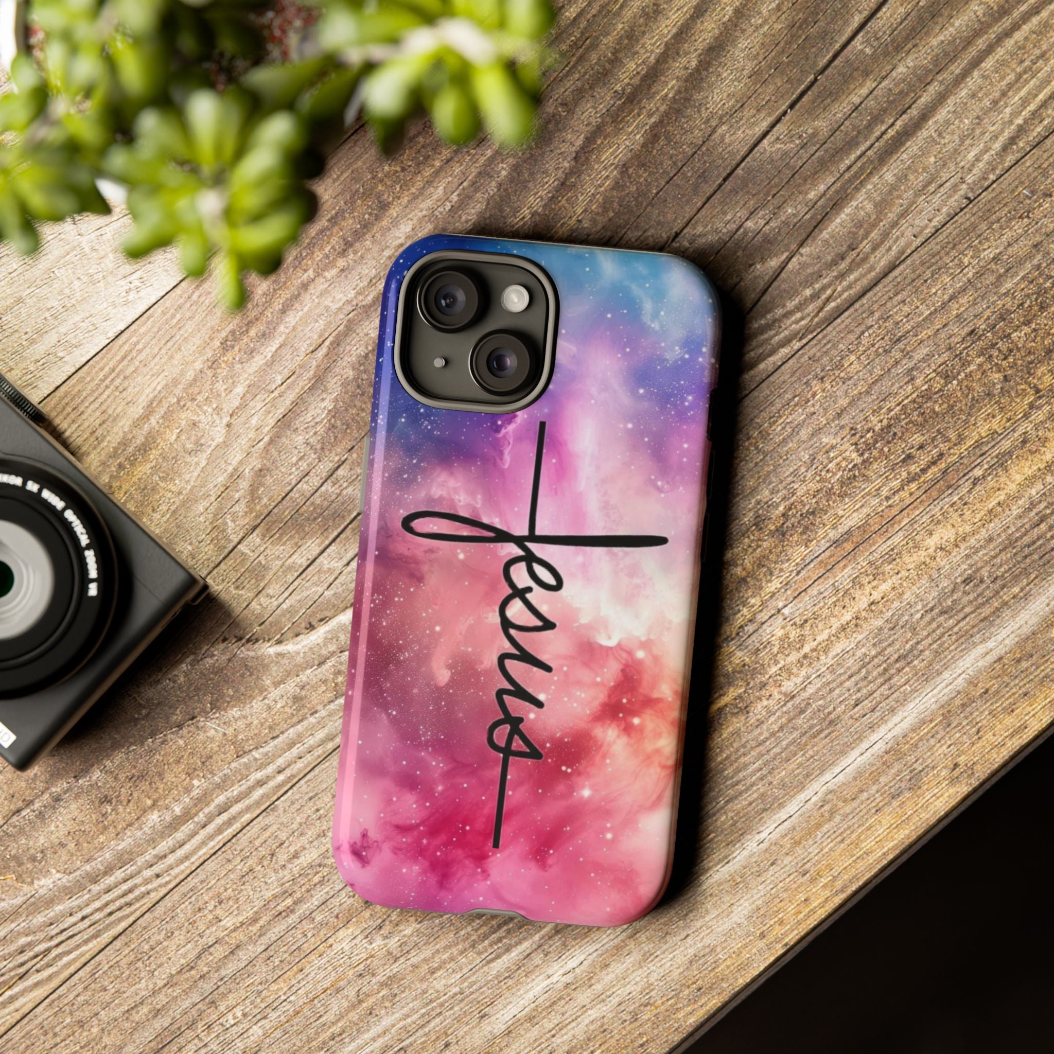 Jesus Cross Phone Case — Galaxy Pink Gradient Christian iPhone Cover