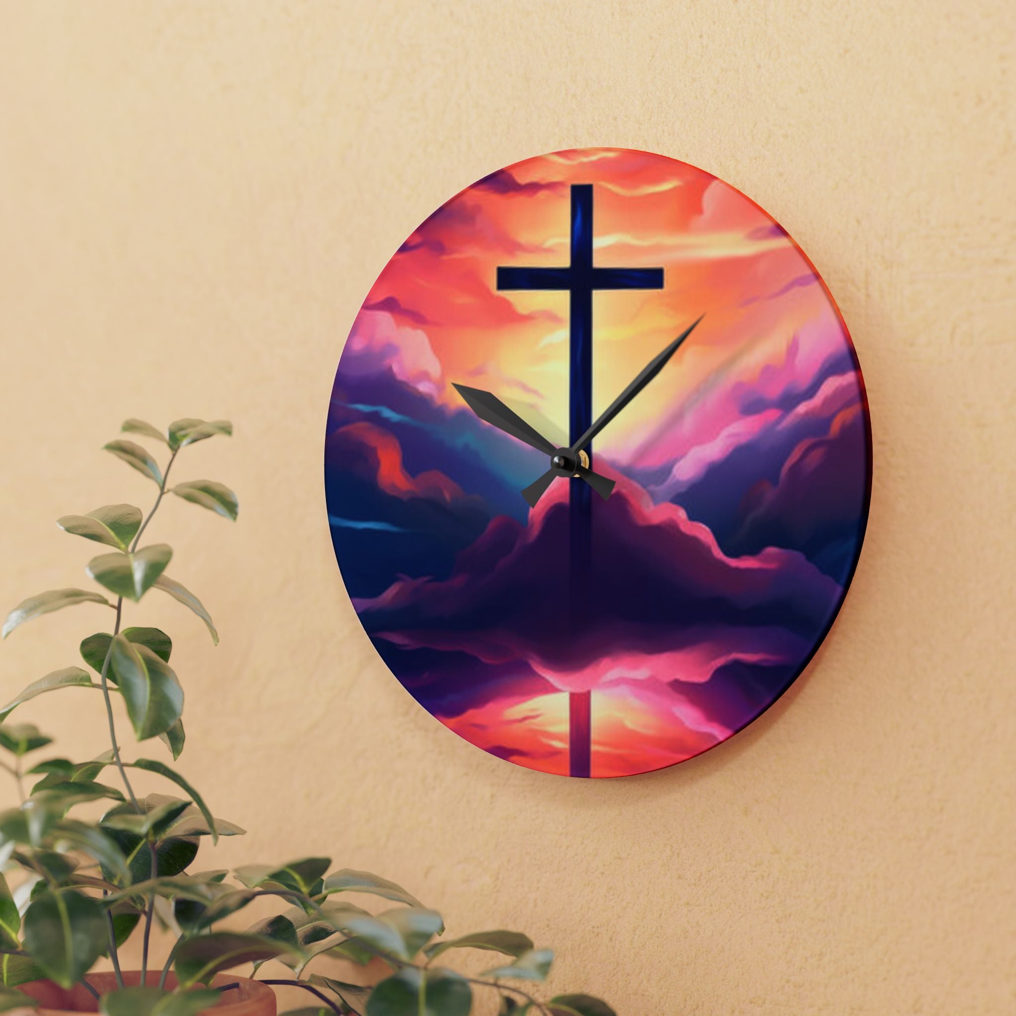 Sunset Cross Acrylic Wall Clock – Christian Inspirational Home Decor
