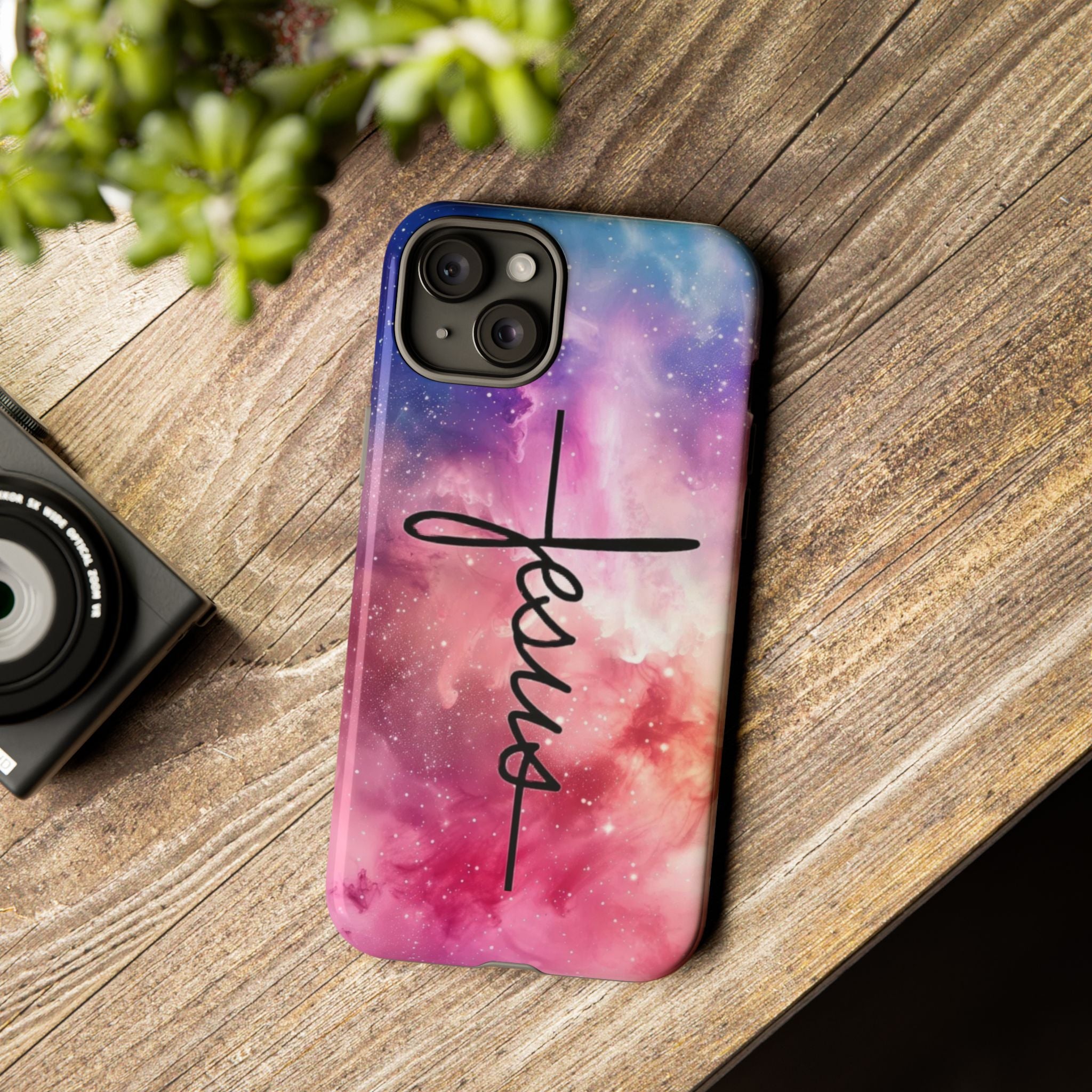 Jesus Cross Phone Case — Galaxy Pink Gradient Christian iPhone Cover